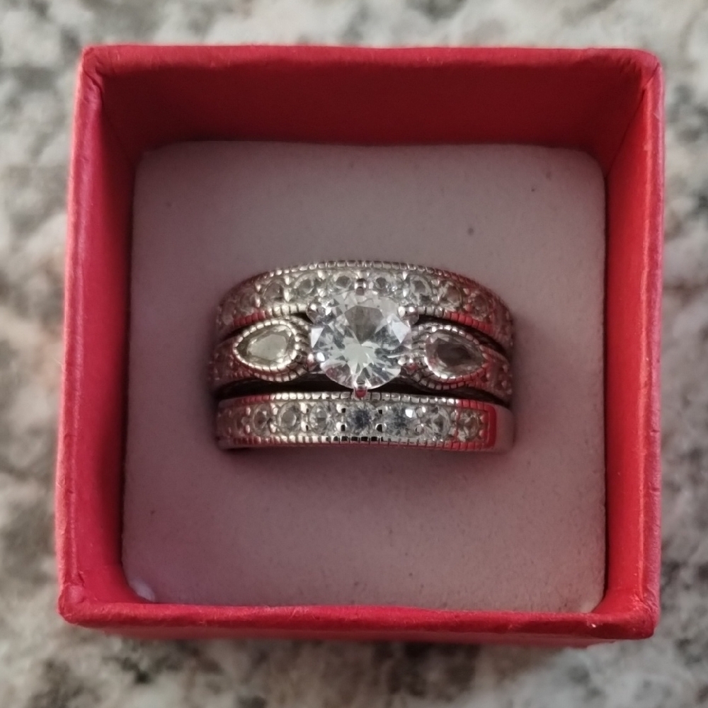 Women's Ring Set - White Sapphire - Size 7 (3 Piece Set) Sterling Silver